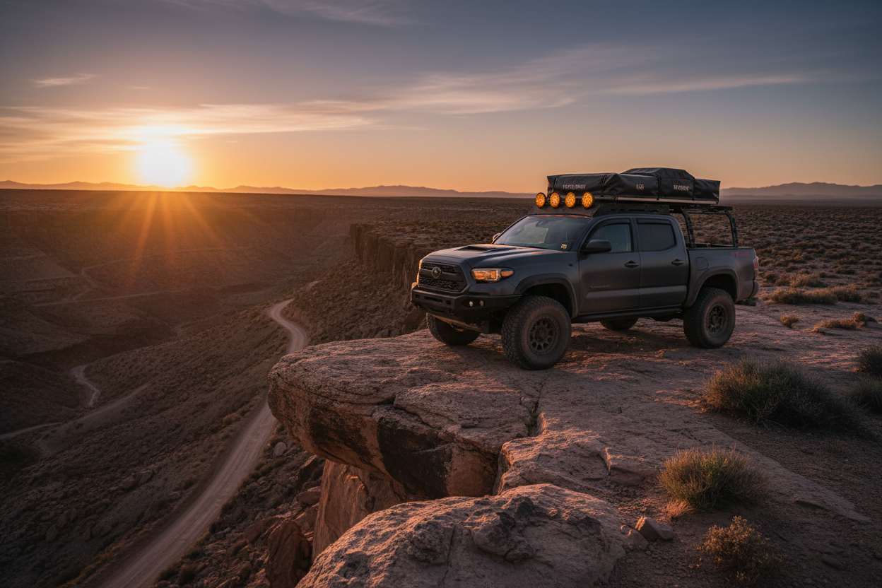 Built Toyota Tacoma with lift kit, off-road tires, and light bar parked on rocky overlook at golden hour