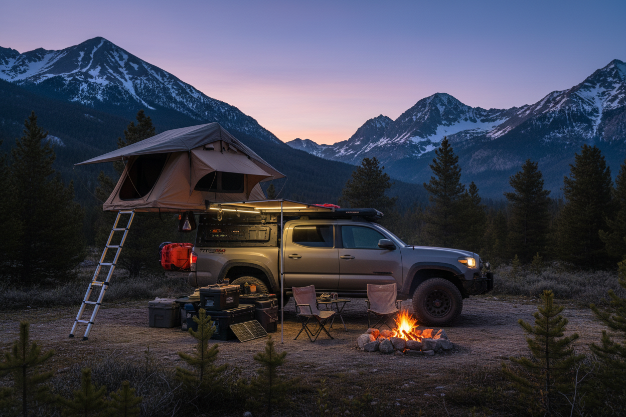 Toyota Tacoma with a rooftop tent set up at a remote overlanding campsite at dusk