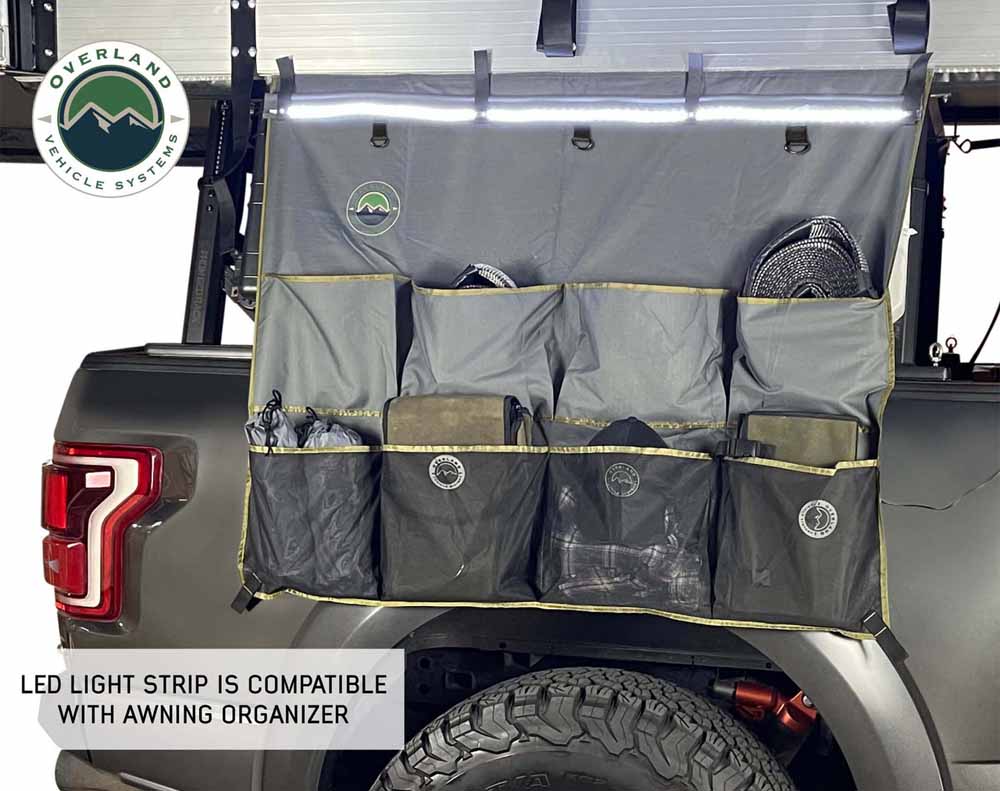 Overland Vehicle Systems roof top tent and awning LED lighting upgrade kit components laid out