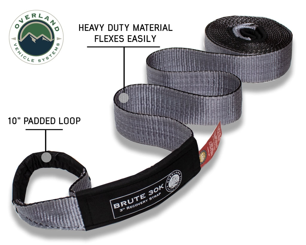 Tow Strap 30 30,000 lb. 3 x 30' Gray Storage Bag Overland Vehicle Systems-4x4 Mega Store