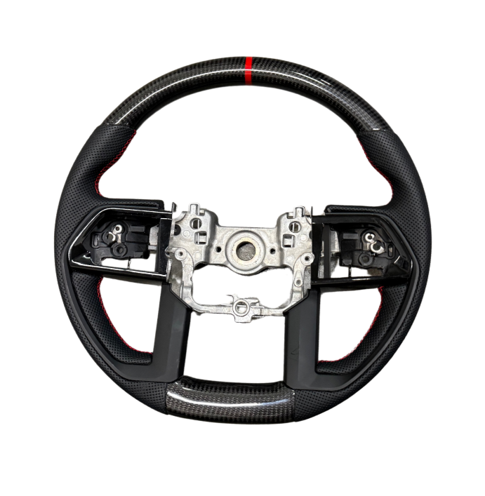 Aspire Auto Accessories carbon fiber steering wheel with red stripe accent and contrast stitching